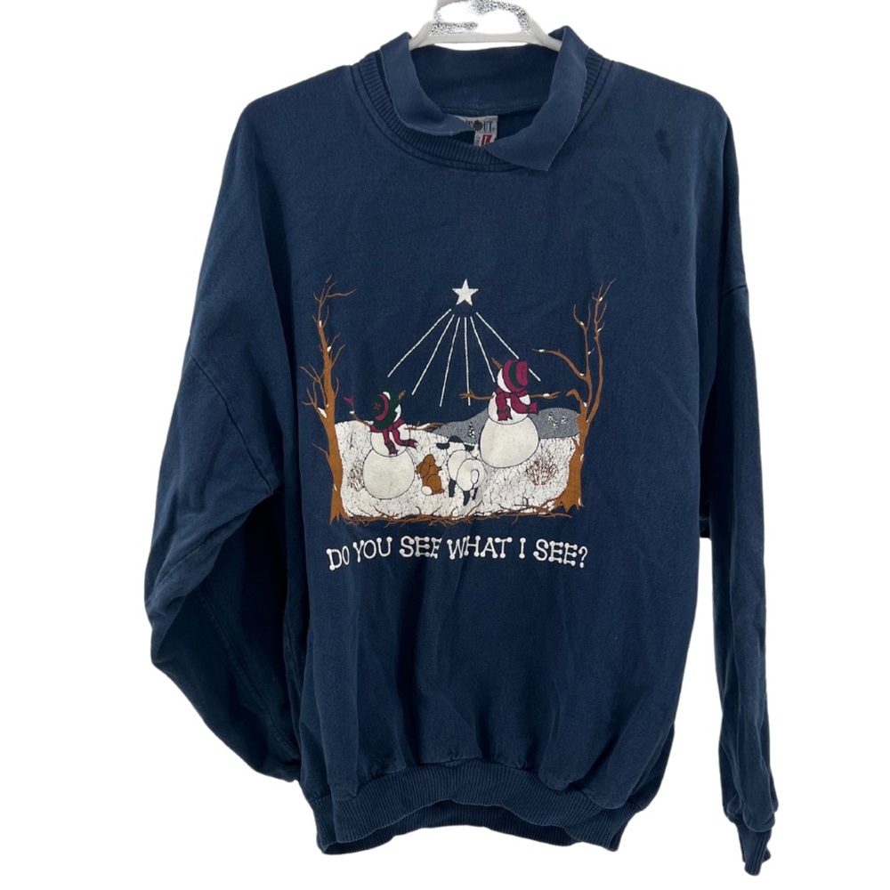 Time Out collared cotton heavyweight christmas sweatshirt L navy snowmen holiday